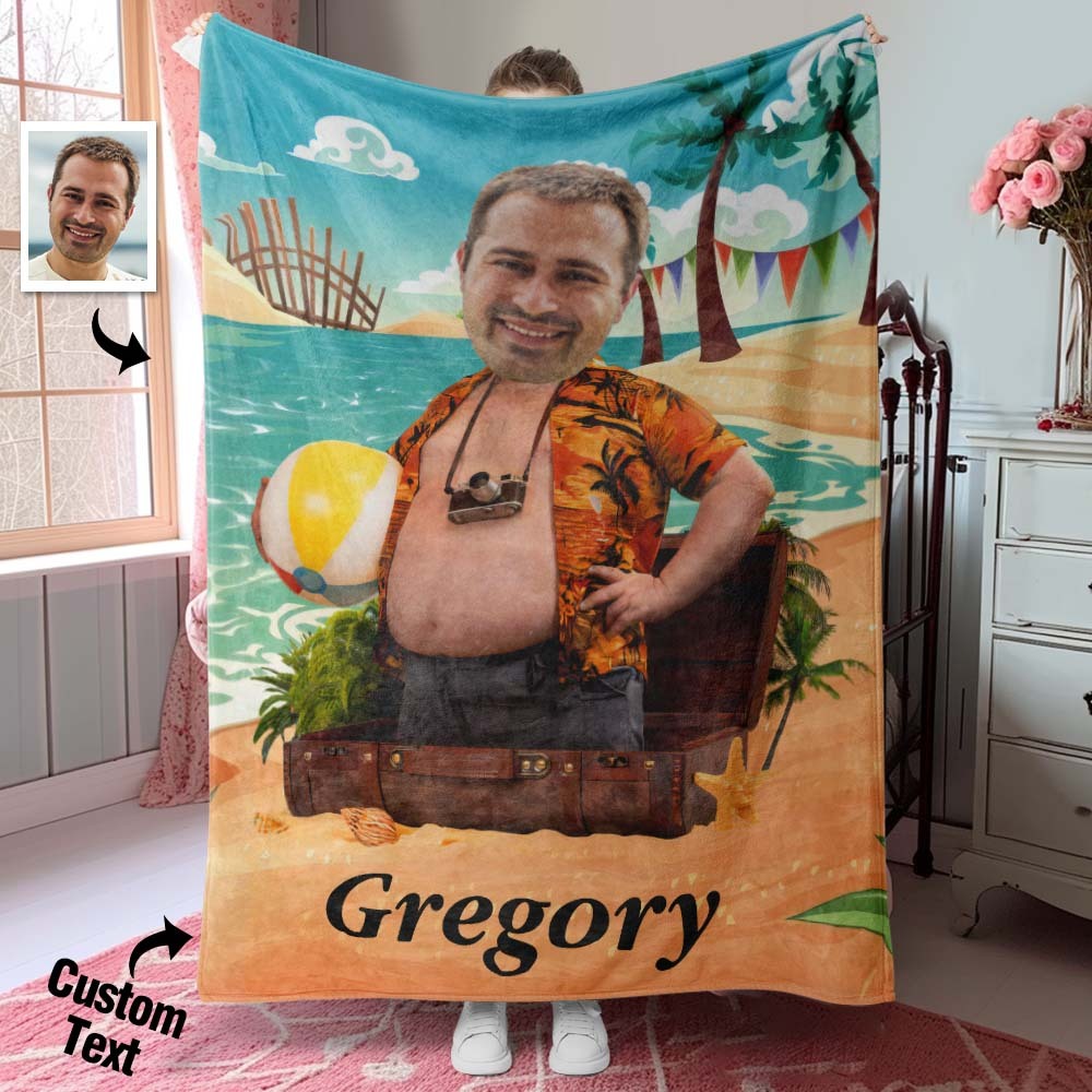 Personalized Face Photo Blanket with Custom Name for Dad Seaside Treasure Gift for Him - auphotoblanket