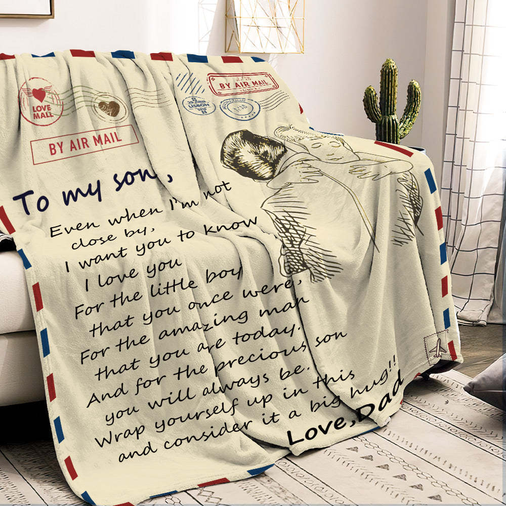 Custom Letter Blanket Personalized Love Air Mail Blanket to Son Hug from Best Dad - auphotoblanket