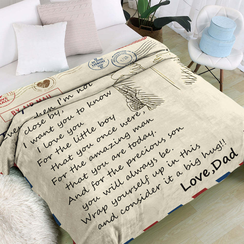 Custom Letter Blanket Personalized Love Air Mail Blanket to Son Hug from Best Dad - auphotoblanket