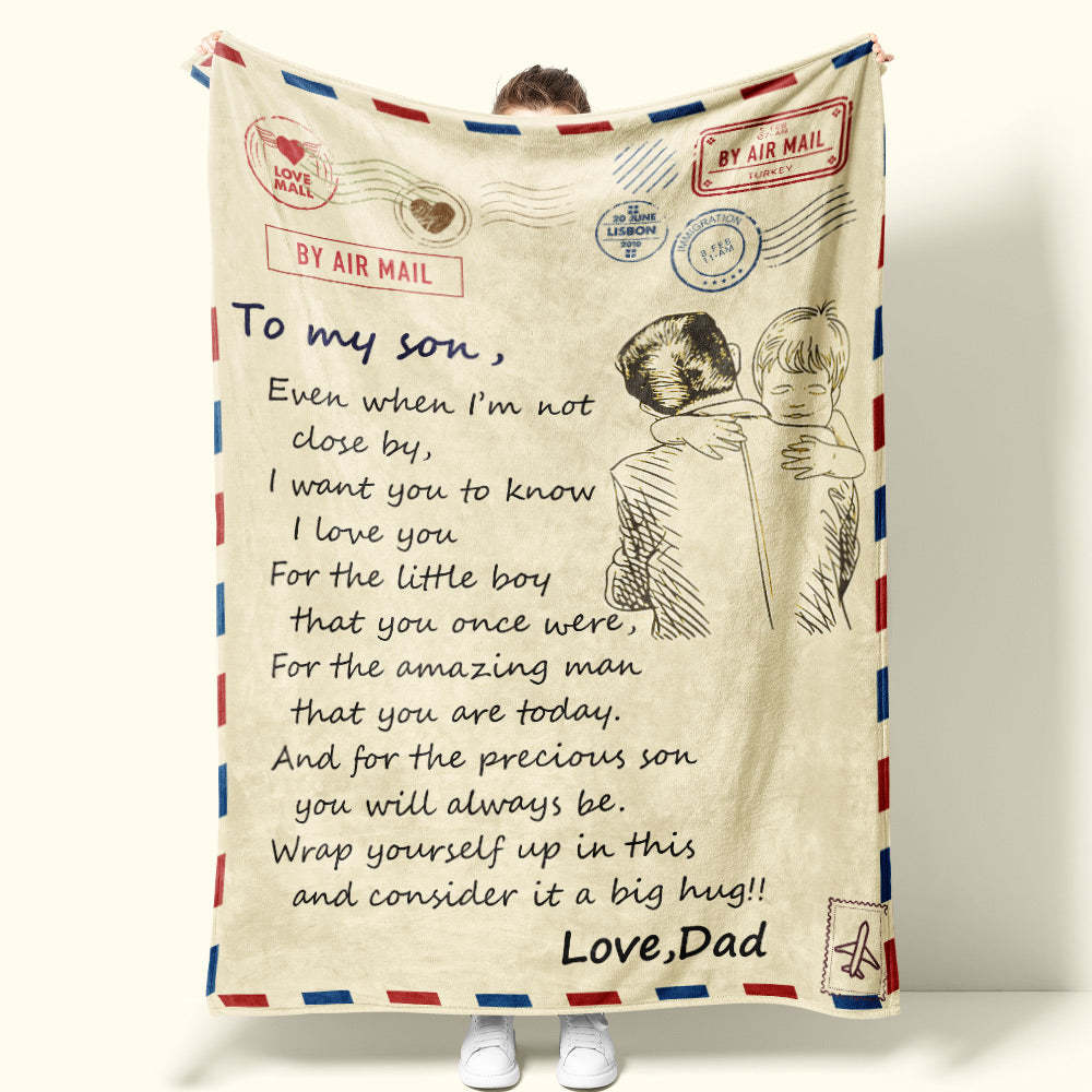 Custom Letter Blanket Personalized Love Air Mail Blanket to Son Hug from Best Dad - auphotoblanket