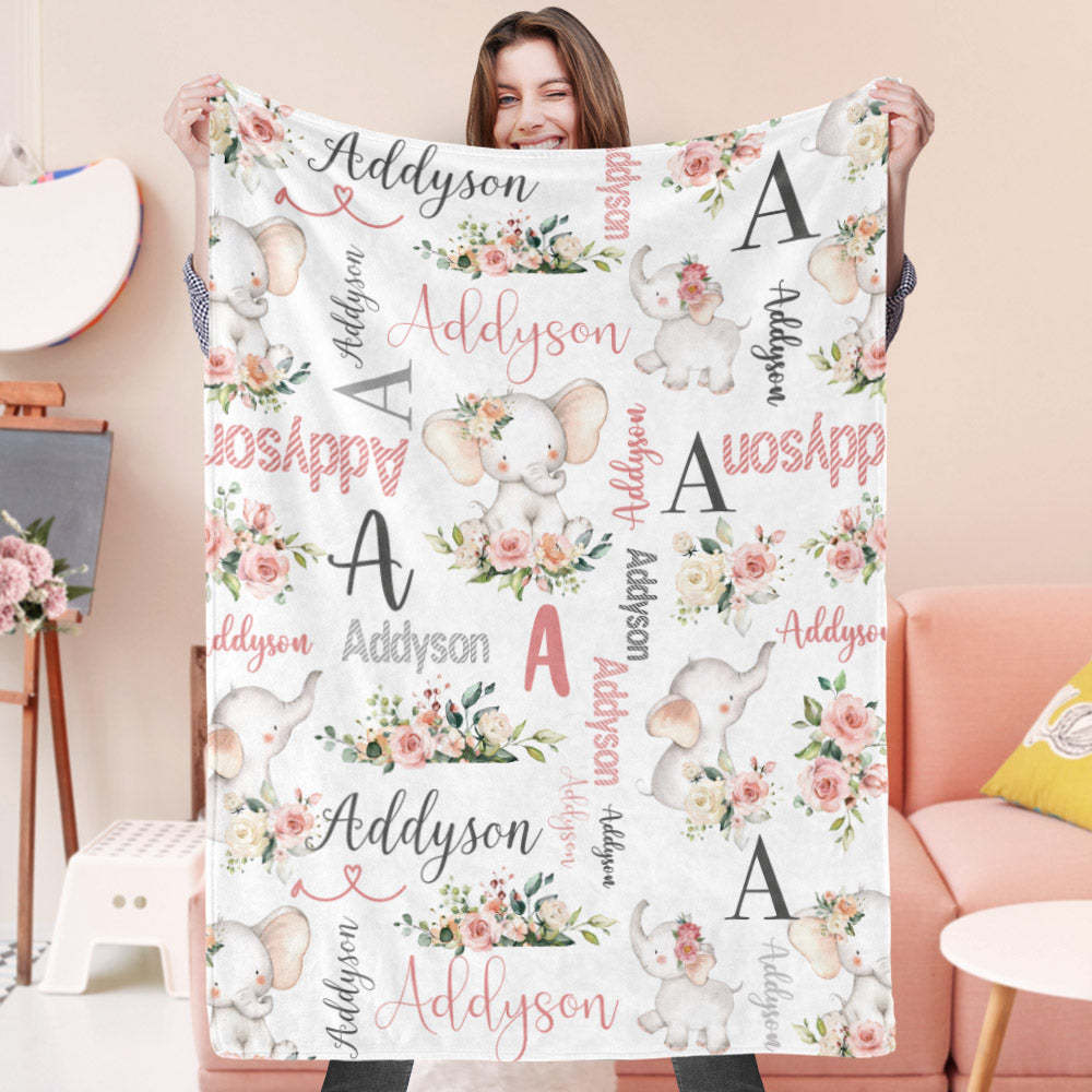 Custom Floral Cute Elephant Blanket with Name Christmas Birthday Baby Shower Gift for Baby Kid Family - auphotoblanket