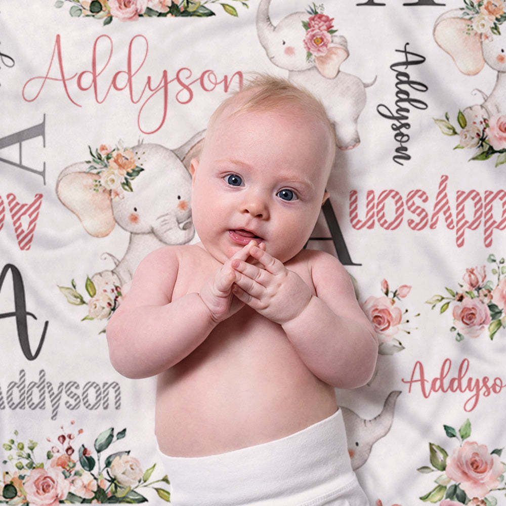 Custom Floral Cute Elephant Blanket with Name Christmas Birthday Baby Shower Gift for Baby Kid Family - auphotoblanket