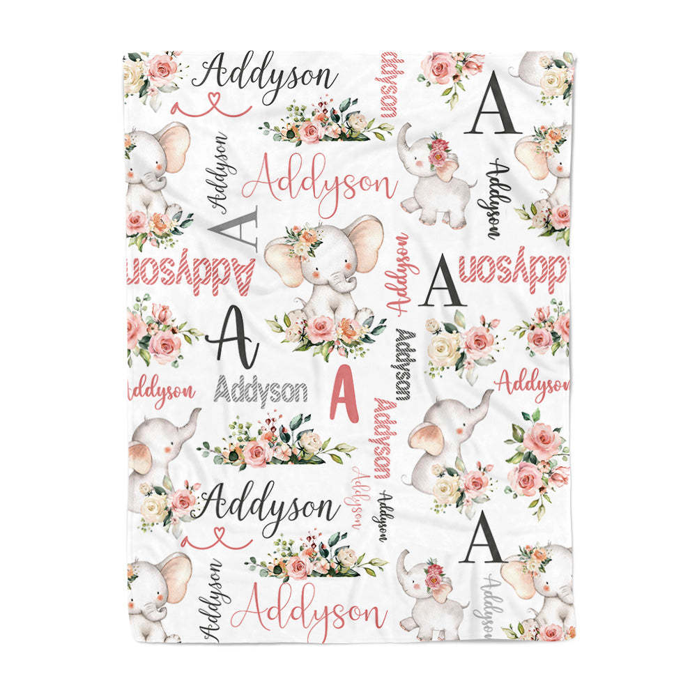 Custom Floral Cute Elephant Blanket with Name Christmas Birthday Baby Shower Gift for Baby Kid Family - auphotoblanket