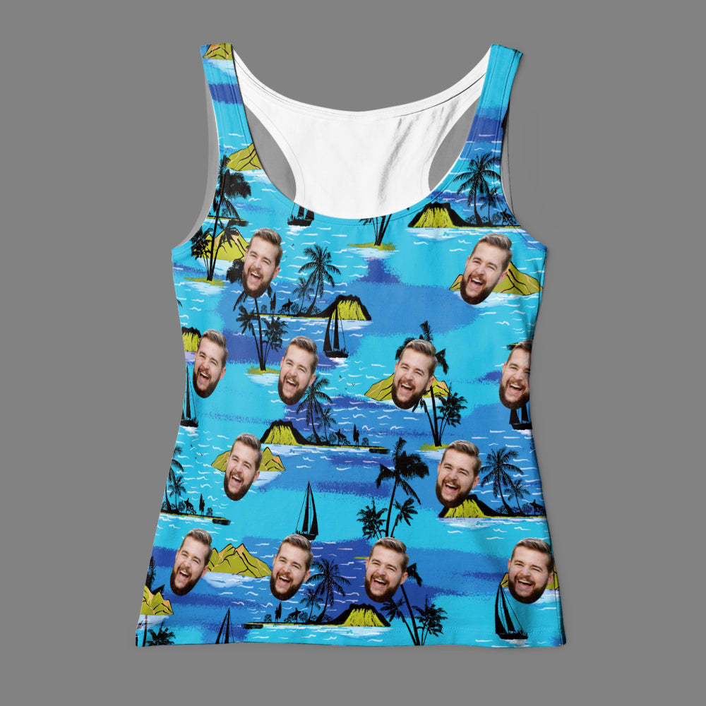 Custom Face Hawaiian Tank Top Flamingo Flowers And Leaves - auphotoblanket