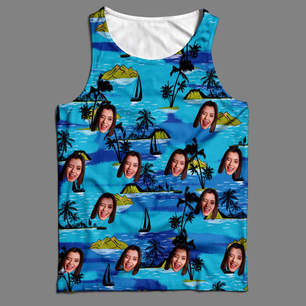 Custom Face Hawaiian Tank Top Flamingo Flowers And Leaves - auphotoblanket
