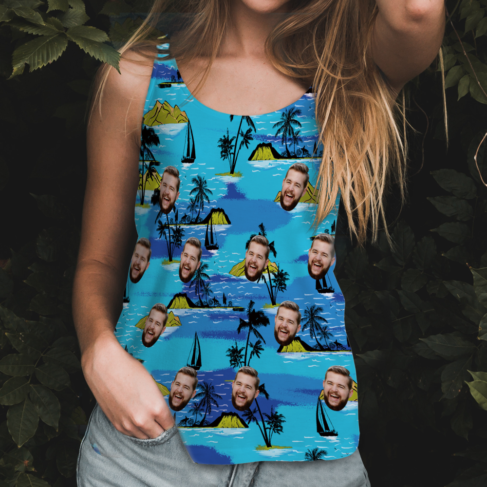 Custom Face Hawaiian Tank Top Flamingo Flowers And Leaves - auphotoblanket