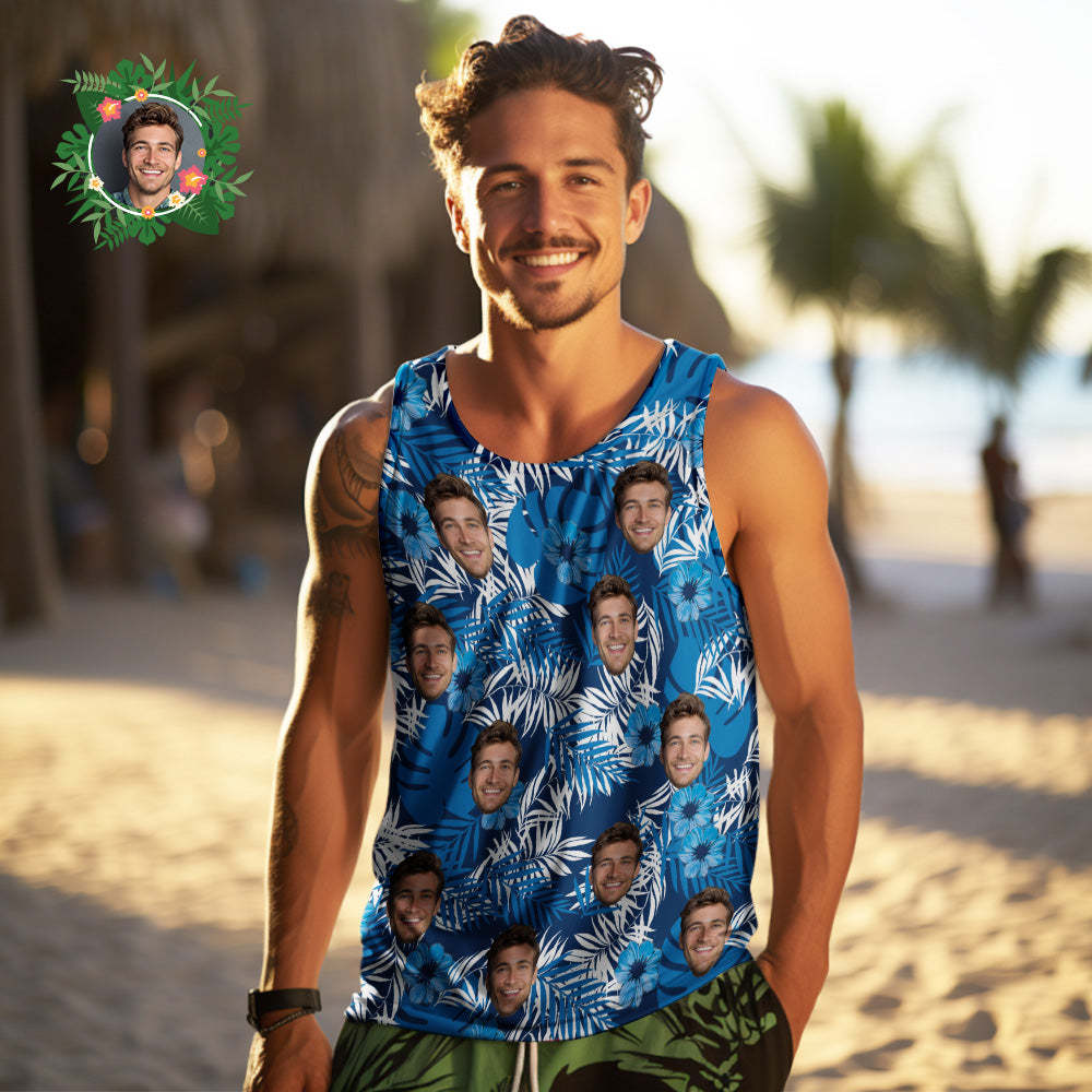 Custom Face Tank Tops Men's Sleeveless Shirt All Over Print Blue - auphotoblanket