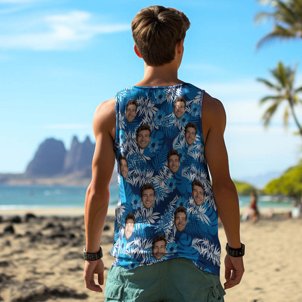 Custom Thick Face Tank Tops Men's Sleeveless Shirt All Over Print Blue - auphotoblanket