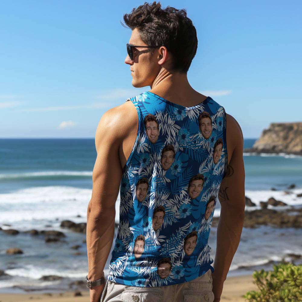 Custom Thick Face Tank Tops Men's Sleeveless Shirt All Over Print Blue - auphotoblanket