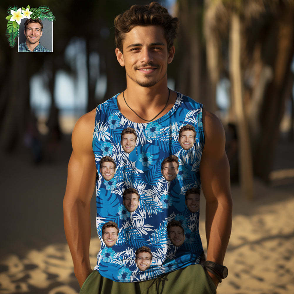 Custom Thick Face Tank Tops Men's Sleeveless Shirt All Over Print Blue - auphotoblanket