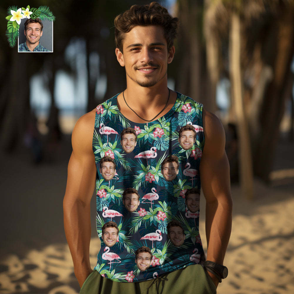 Custom Thick Face Tank Tops Men's Sleeveless Shirt Leaves & Flamingo - auphotoblanket
