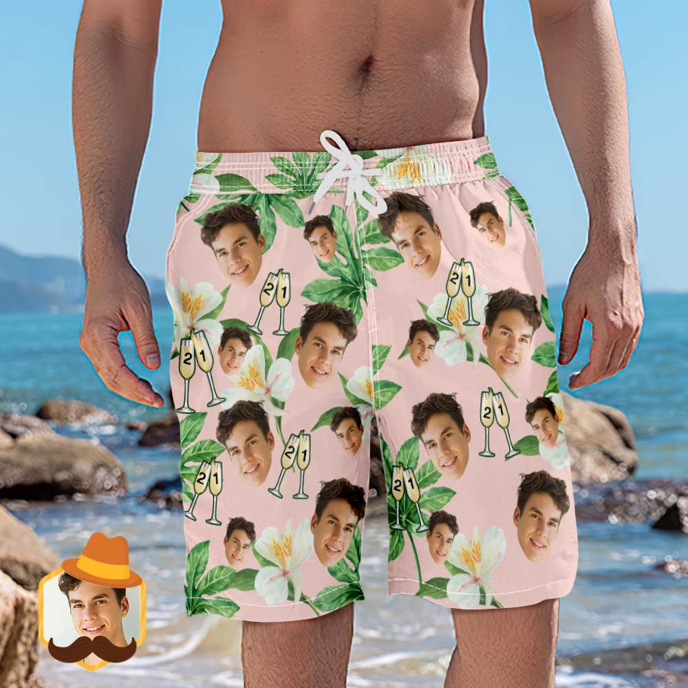 Custom Face Beach Shorts Number in Wine Glass Pink And Green Sleeves Face Beach Trunks Gift for Him - auphotoblanket