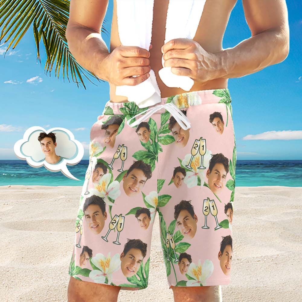 Custom Face Beach Shorts Number in Wine Glass Pink And Green Sleeves Face Beach Trunks Gift for Him - auphotoblanket