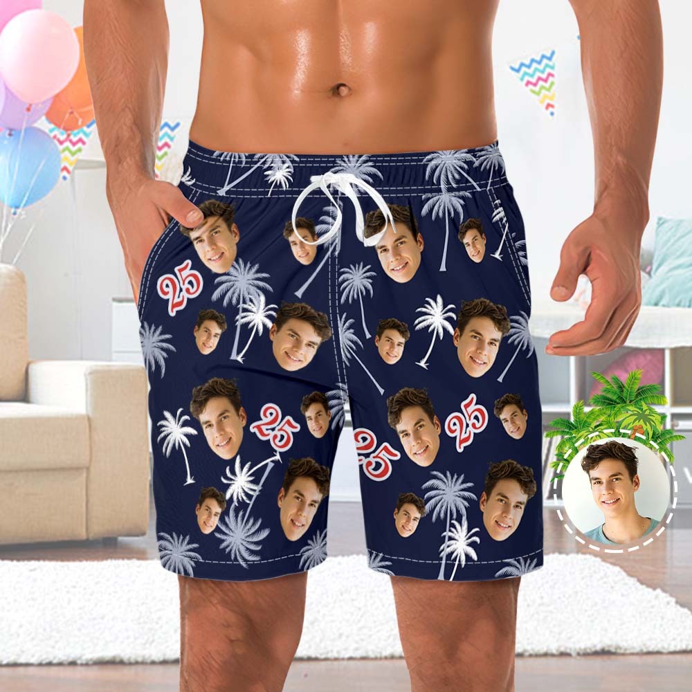 Custom Face And Number Birthday Beach Shorts Red And White Coconut Tree Beach Trunks - auphotoblanket