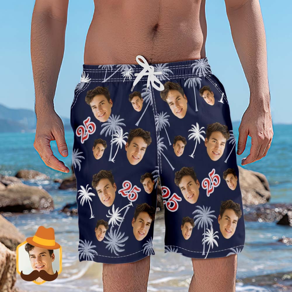 Custom Face And Number Birthday Beach Shorts Red And White Coconut Tree Beach Trunks - auphotoblanket