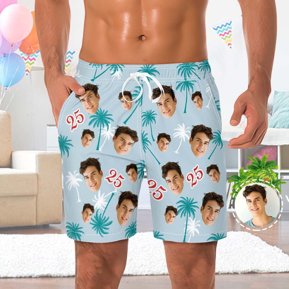 Custom Face And Number Birthday Beach Shorts Red And White Coconut Tree Beach Trunks - auphotoblanket