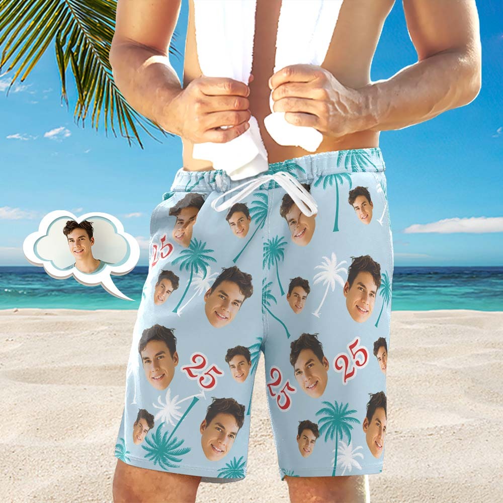 Custom Face And Number Birthday Beach Shorts Red And White Coconut Tree Beach Trunks - auphotoblanket