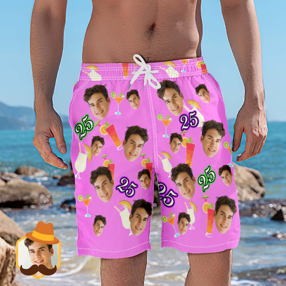 Custom Pink Face And Age Beach Shorts Desserts and Drinks Beach Trunks - auphotoblanket