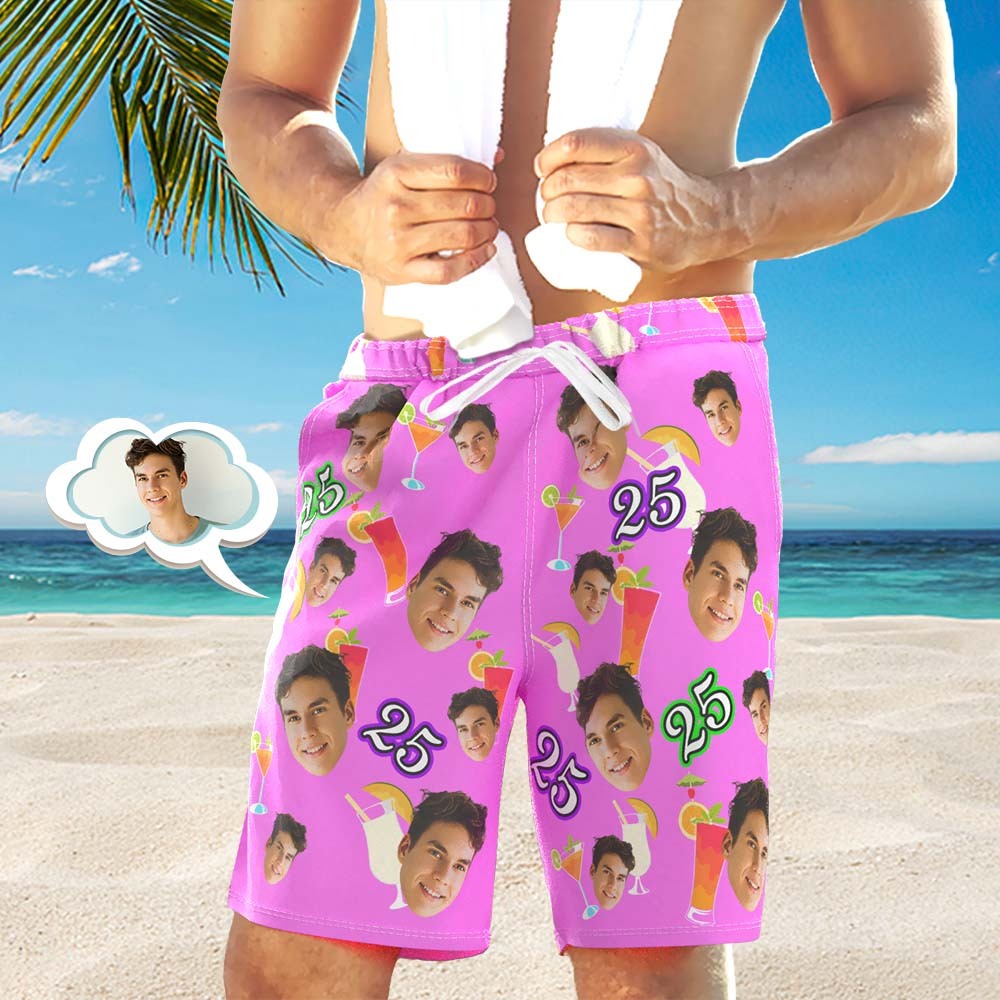 Custom Pink Face And Age Beach Shorts Desserts and Drinks Beach Trunks - auphotoblanket