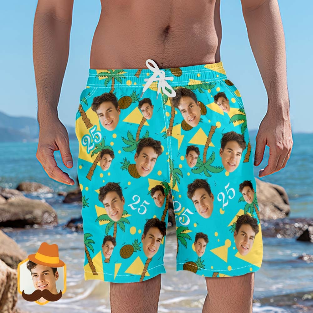 Custom Face And Number Beach Shorts Coconut And Pineapple Multicolor Beach Shorts - auphotoblanket
