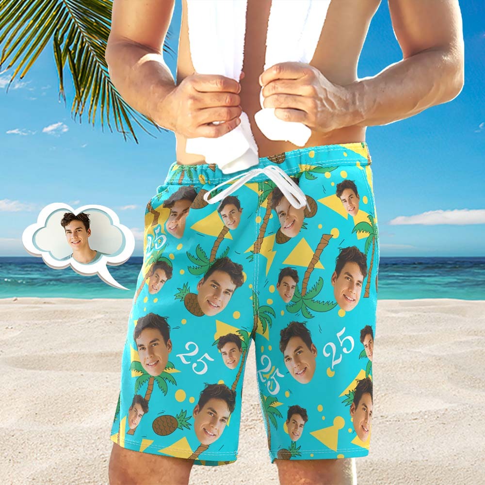 Custom Face And Number Beach Shorts Coconut And Pineapple Multicolor Beach Shorts - auphotoblanket