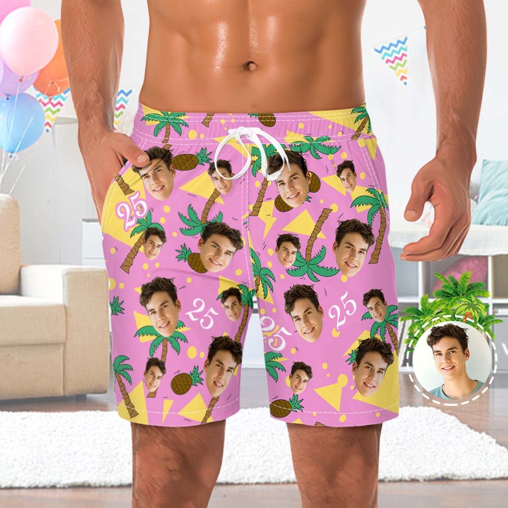 Custom Face And Number Beach Shorts Coconut And Pineapple Multicolor Beach Shorts - auphotoblanket