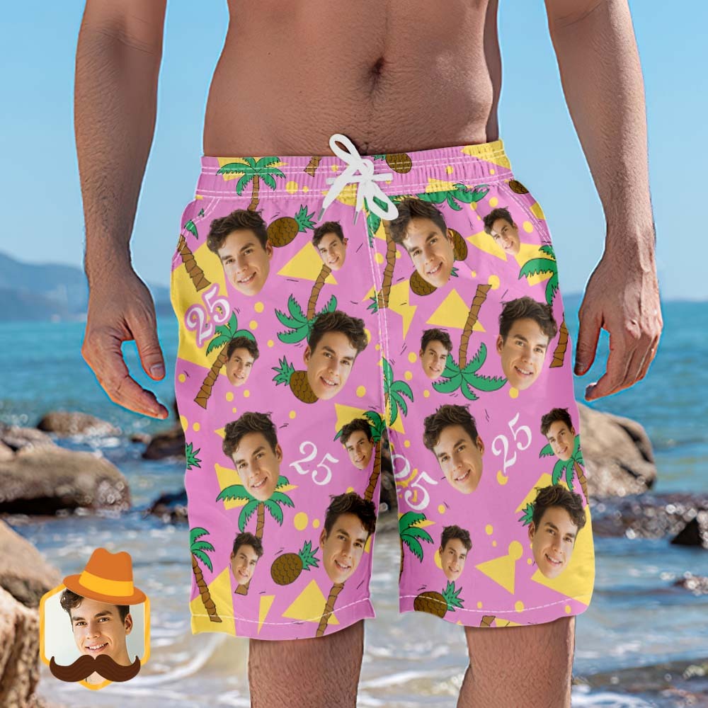 Custom Face And Number Beach Shorts Coconut And Pineapple Multicolor Beach Shorts - auphotoblanket