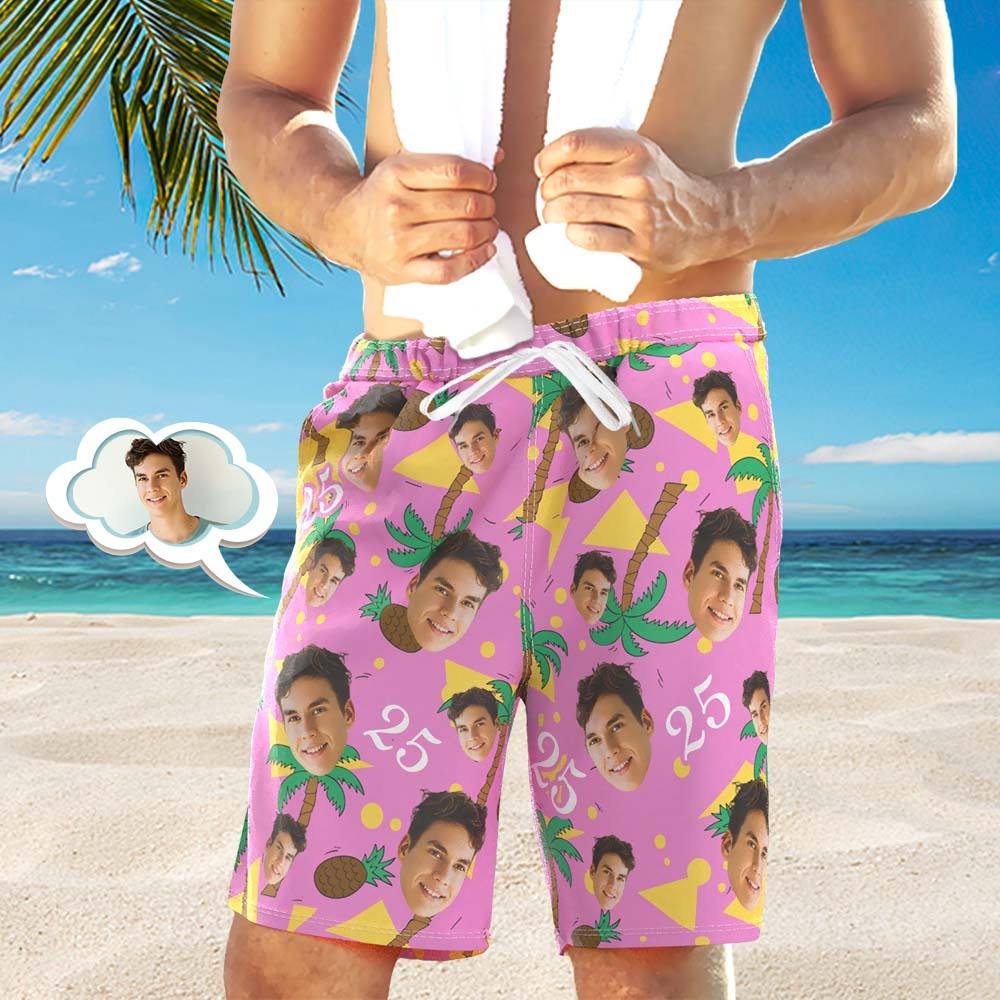 Custom Face And Number Beach Shorts Coconut And Pineapple Multicolor Beach Shorts - auphotoblanket