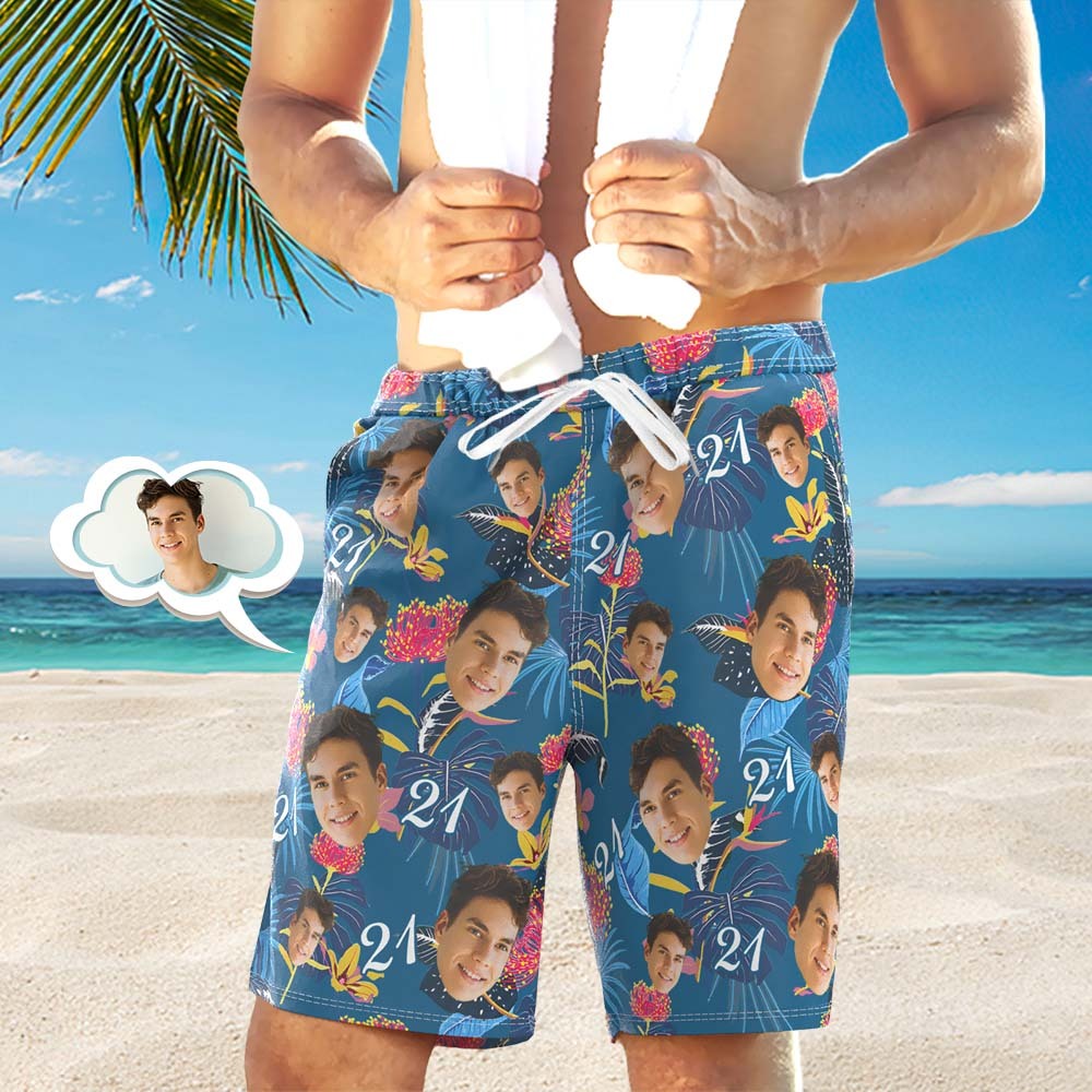 Custom Face Beach Shorts Number And Face Beach Shorts Dark Blue Sleeves And Pink Flowers - auphotoblanket