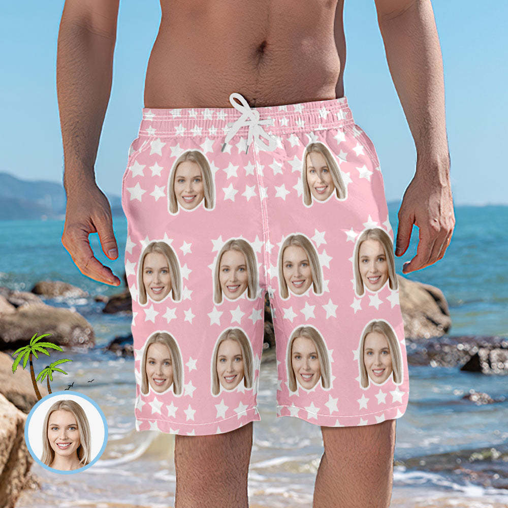 Men's Custom Face and Star Elastic Beach Short Pants - auphotoblanket