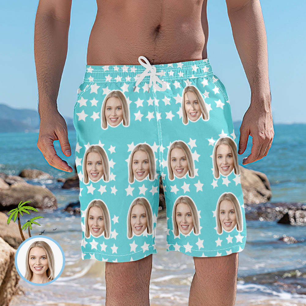 Men's Custom Face and Star Elastic Beach Short Pants - auphotoblanket