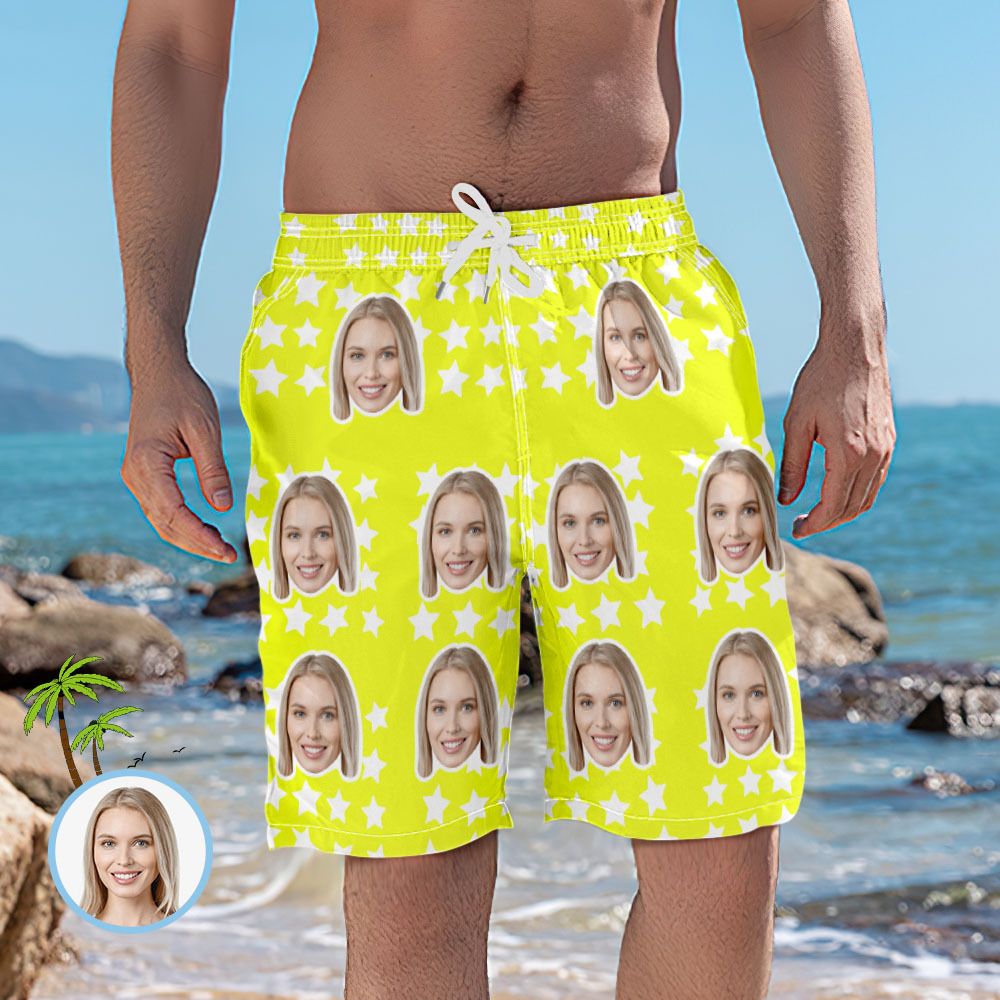 Men's Custom Face and Star Elastic Beach Short Pants - auphotoblanket