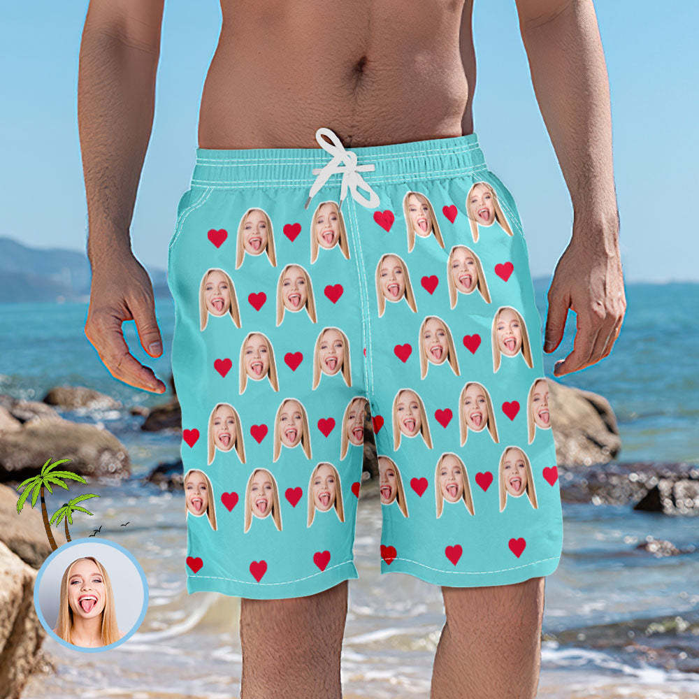 Men's Custom Heart Face Elastic Beach Short Photo Pants - auphotoblanket