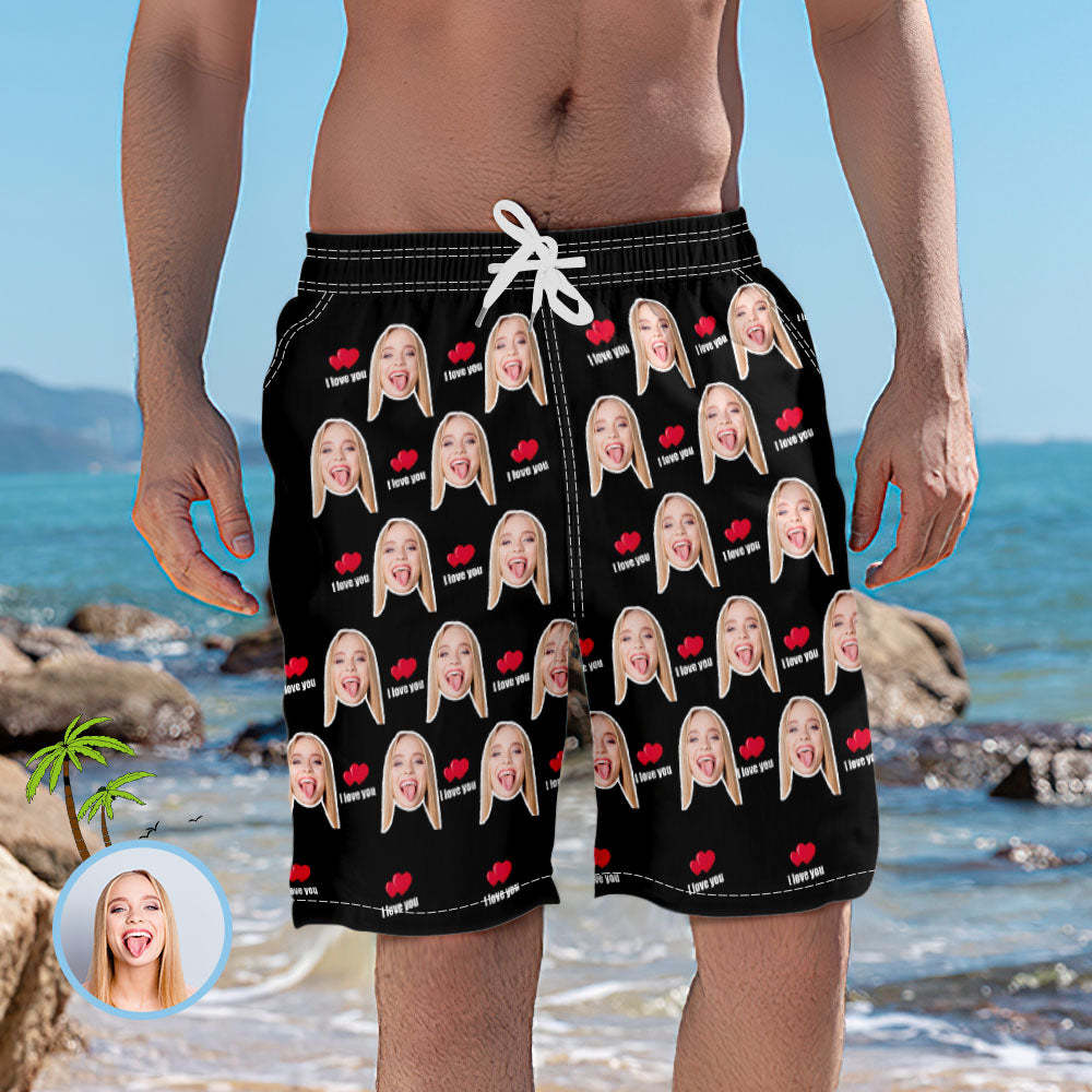 Men's Custom Face Elastic Beach Short Pants - I Love You - auphotoblanket