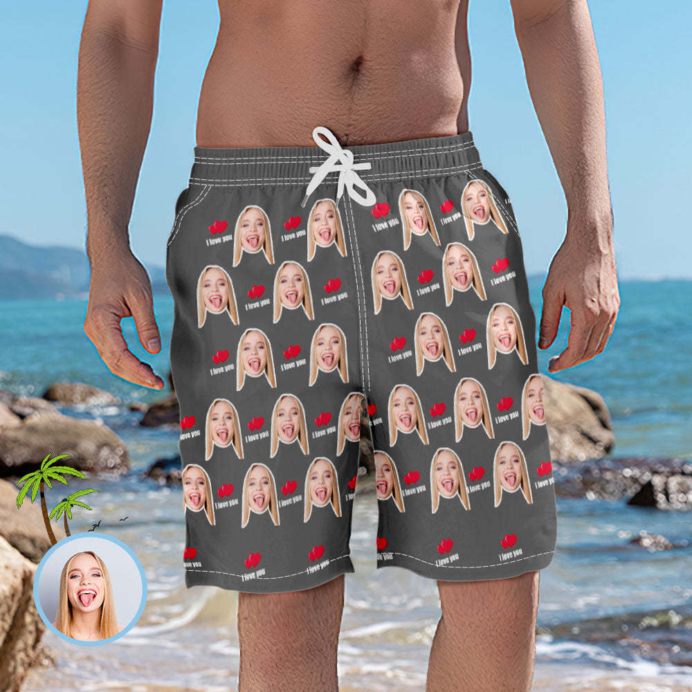 Men's Custom Face Elastic Beach Short Pants - I Love You - auphotoblanket