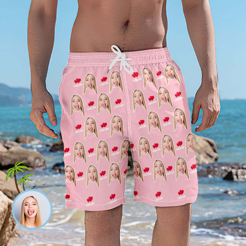 Men's Custom Face Elastic Beach Short Pants - I Love You - auphotoblanket