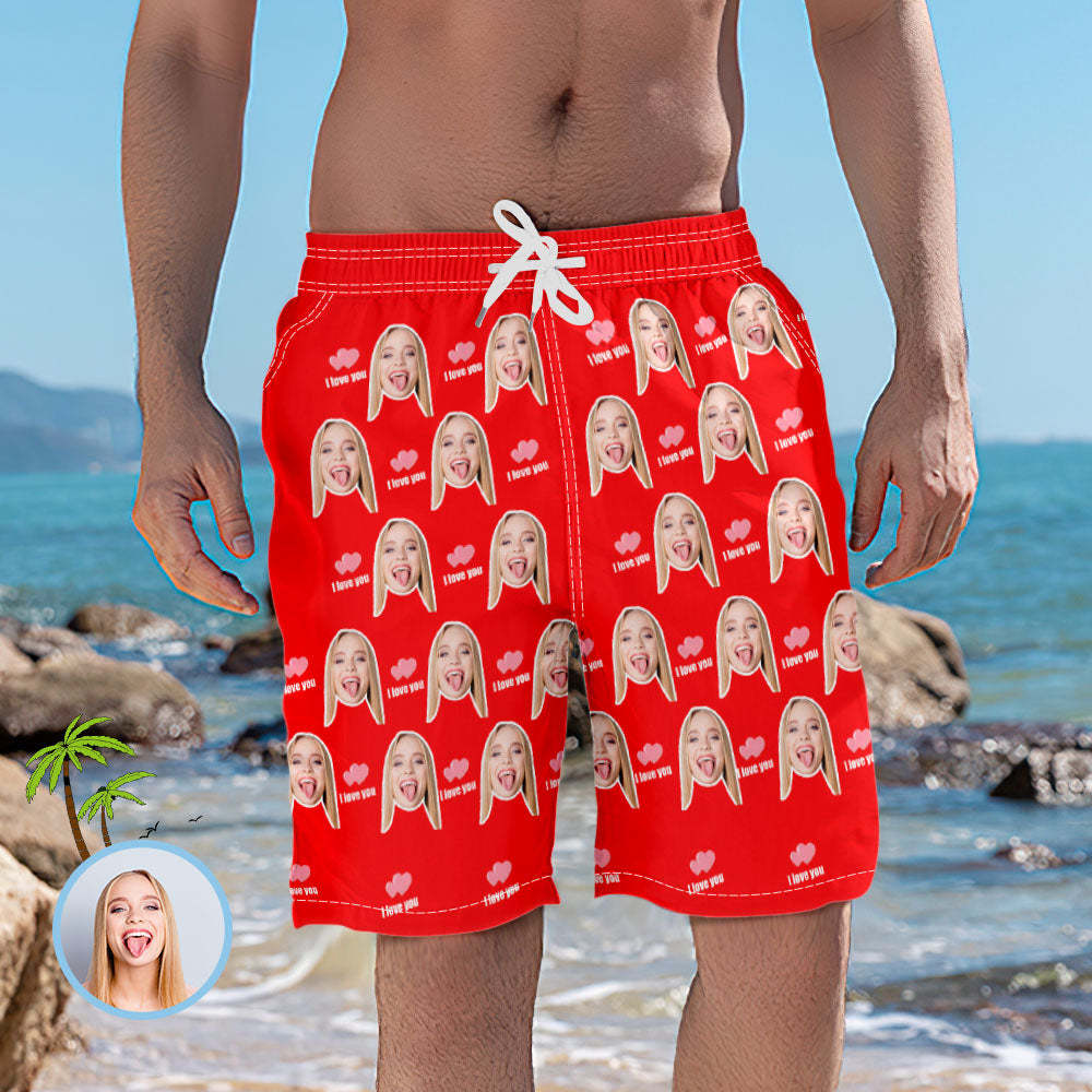 Men's Custom Face Elastic Beach Short Pants - I Love You - auphotoblanket