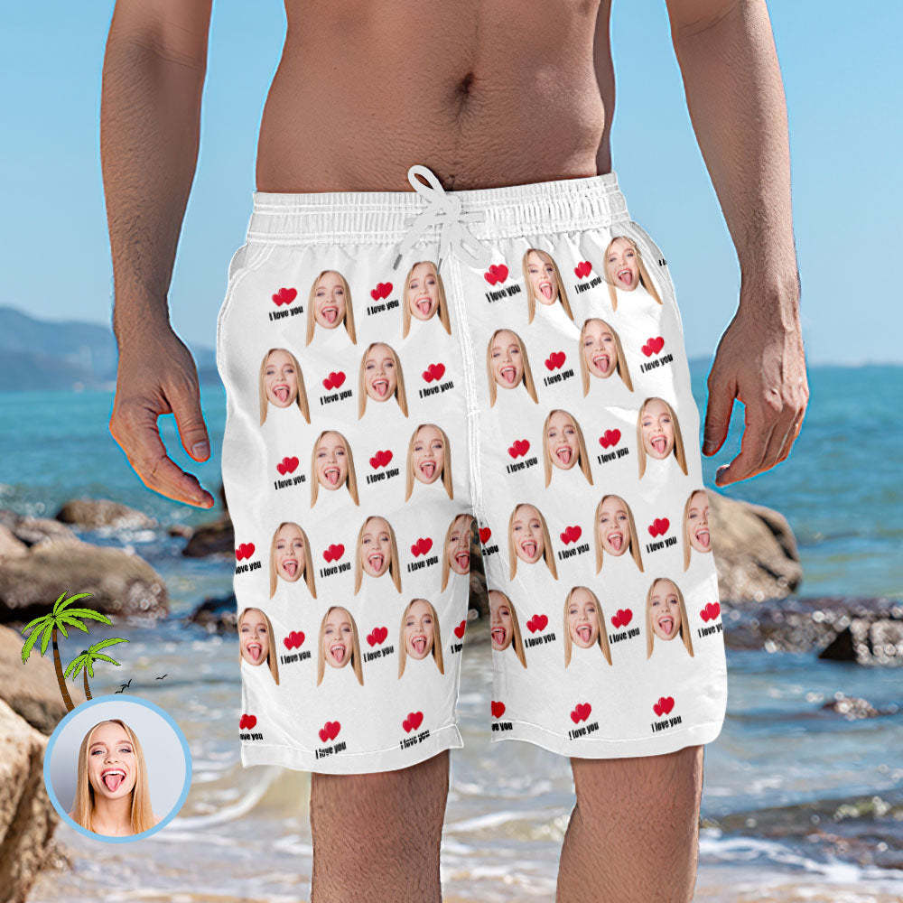 Men's Custom Face Elastic Beach Short Pants - I Love You - auphotoblanket
