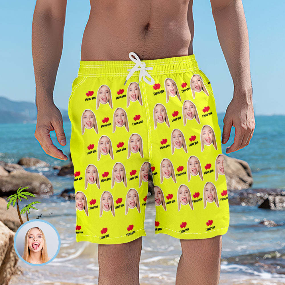 Men's Custom Face Elastic Beach Short Pants - I Love You - auphotoblanket