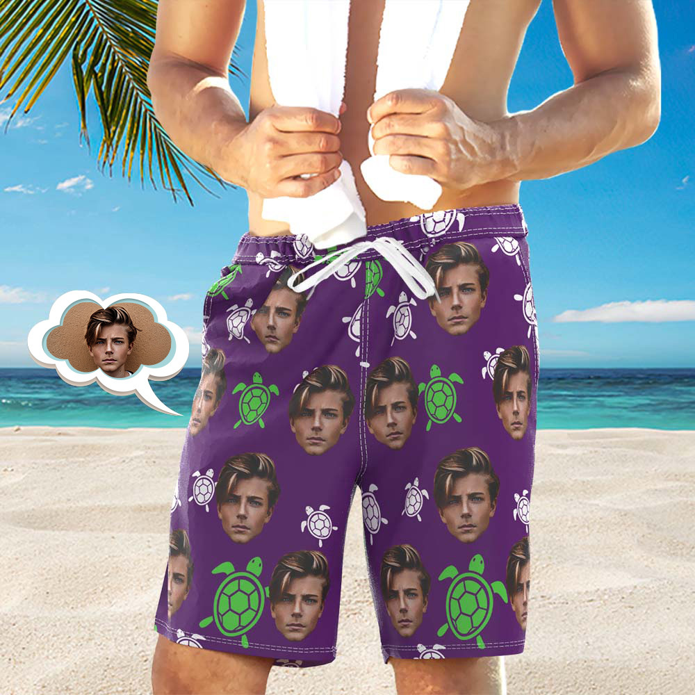 Men's Custom Face Shorts Custom Photo Beach Shorts Little Turtle Design - auphotoblanket