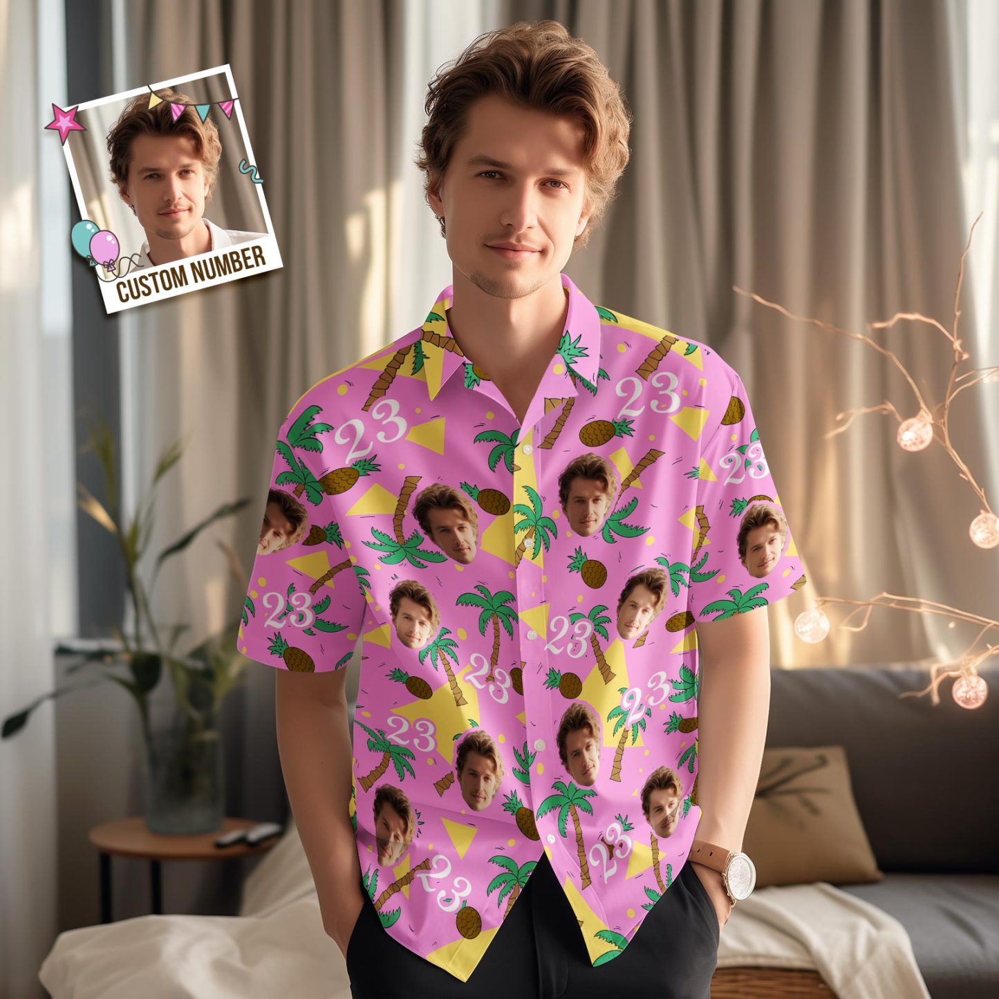 Custom Multi-color Face and Numbers Hawaiian Shirt Coconut Tree and Pineapple Gift for Men - auphotoblanket