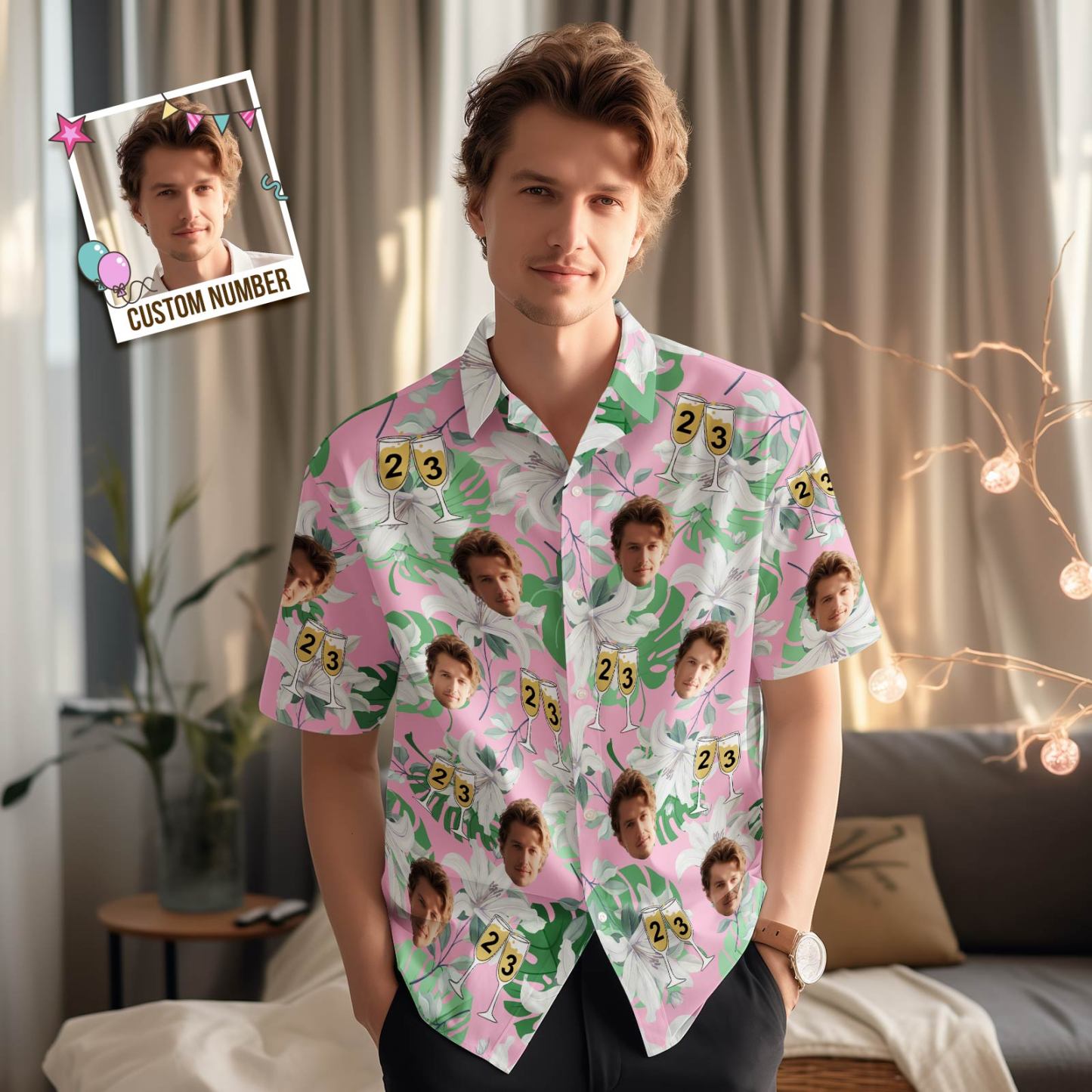 Custom Face Hawaiian Shirt Number in Wine Glass Pink And Green Sleeves Face Hawaiian Shirt Gift for Him - auphotoblanket
