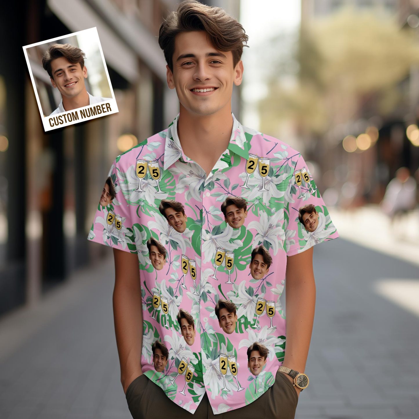 Custom Face Hawaiian Shirt Number in Wine Glass Pink And Green Sleeves Face Hawaiian Shirt Gift for Him - auphotoblanket
