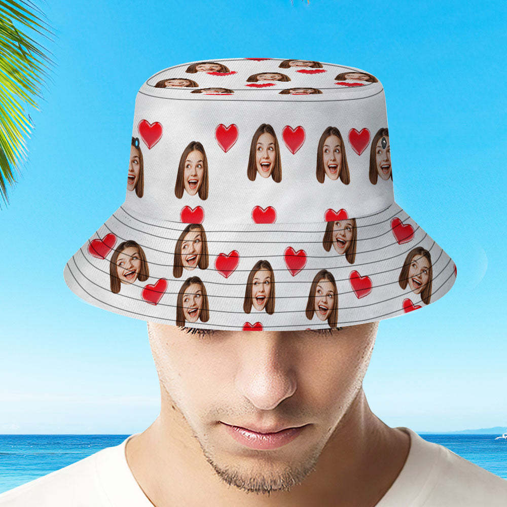 Custom Your Photo Face And Pet Summer Bucket Hat Fisherman Hat - Heart White - auphotoblanket
