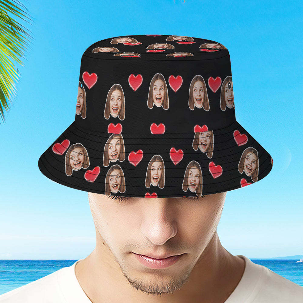 Custom Your Photo Face And Pet Summer Bucket Hat Fisherman Hat - Heart Black - auphotoblanket