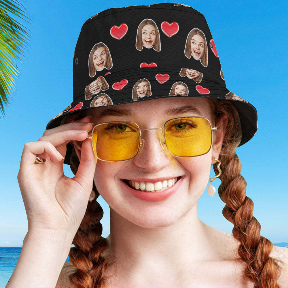 Custom Your Photo Face And Pet Summer Bucket Hat Fisherman Hat - Heart Black - auphotoblanket