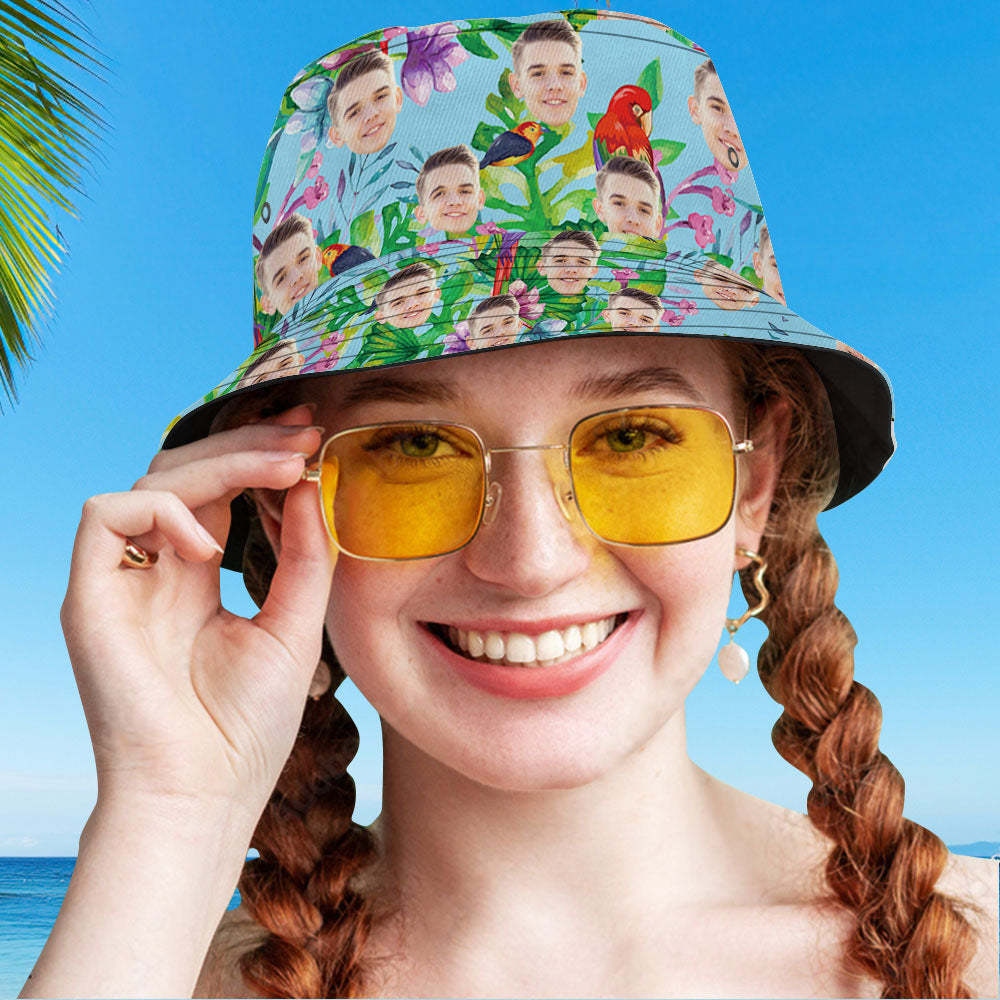 Custom Face Hat Tropical Flower Print Hawaiian Fisherman Hat Bucket Hat - auphotoblanket