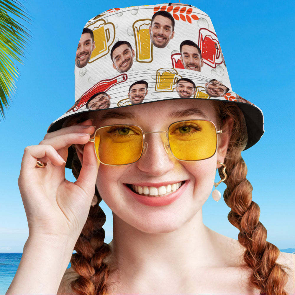 Custom Bucket Hat Personalize Face Beer Bucket Hat Summer Wide Brim Fisherman Hat Gifts - auphotoblanket