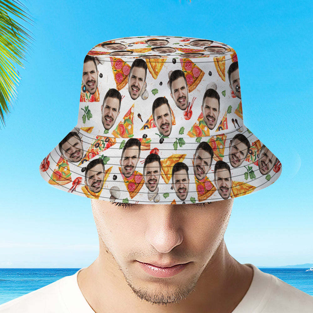 Custom Bucket Hat Personalize Face Pizza Bucket Hat Summer Wide Brim Fisherman Hat Gifts - auphotoblanket