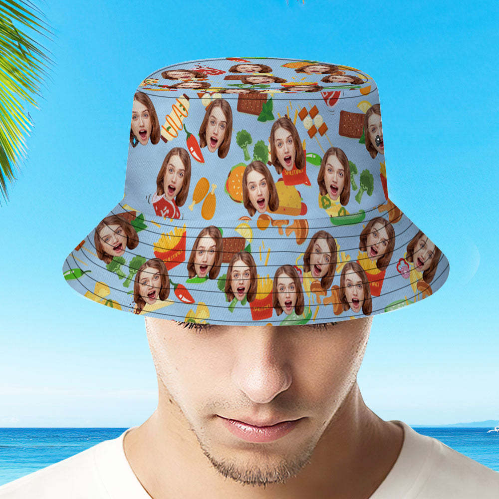 Custom Bucket Hat Personalize Face Food Bucket Hat Summer Wide Brim Fisherman Hat Gifts - auphotoblanket